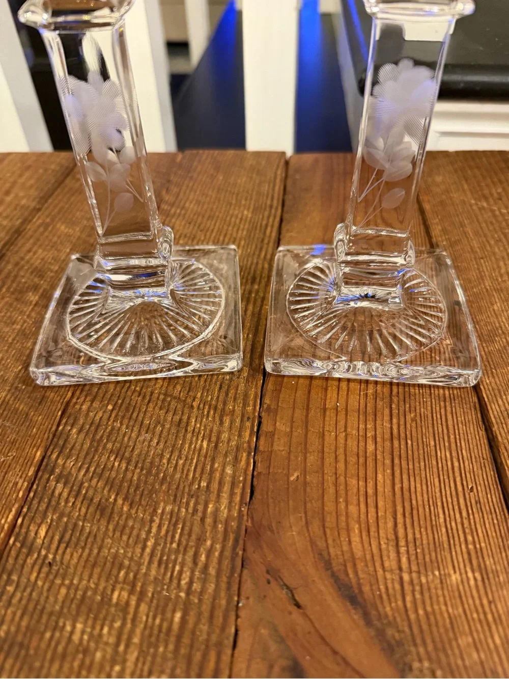 Pair of Vintage Clear Glass Etched Floral Candlesticks